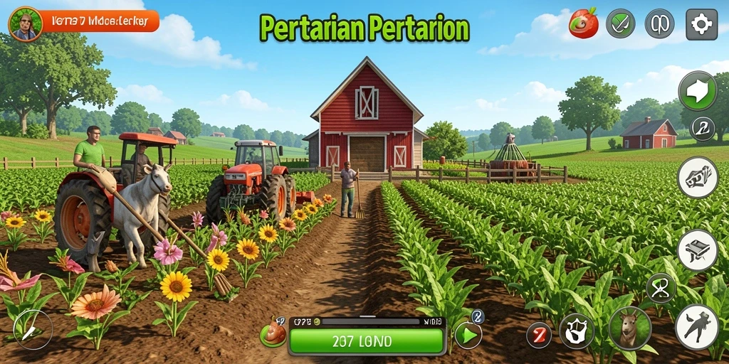Tampilan gameplay L777 yang menampilkan kebun yang indah dan hewan ternak.