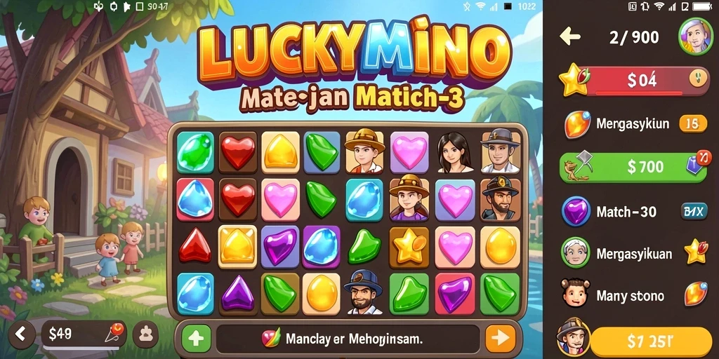 Tampilan gameplay <strong>LUCKYMINO</strong> menunjukkan keseruan bermain Match-3 yang penuh warna.