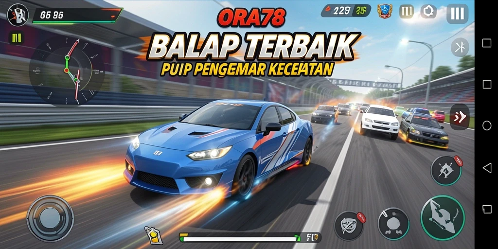 Screenshot gameplay ORA78 menampilkan aksi balap yang mendebarkan.