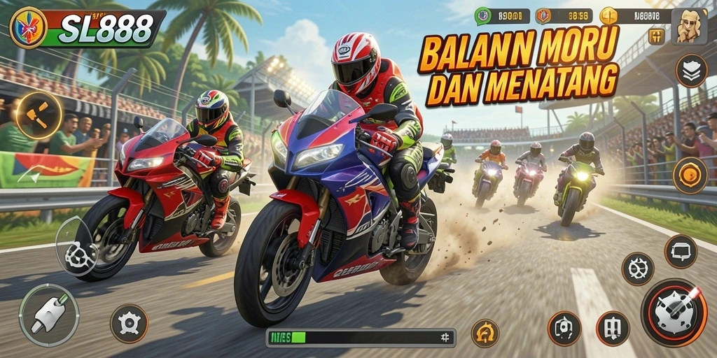Screenshot gameplay SL888 yang seru dan menegangkan dalam balapan motor.