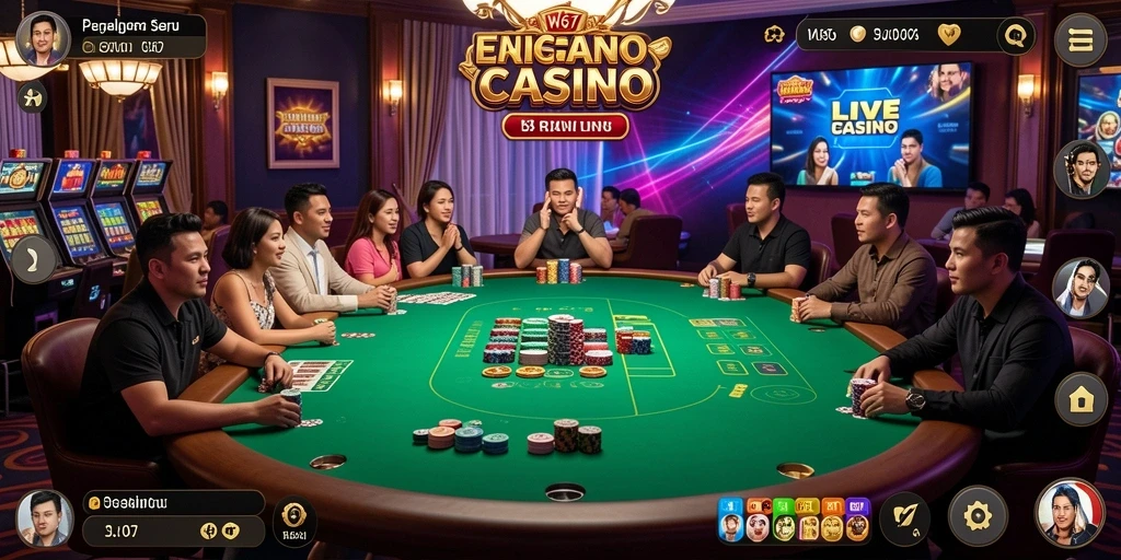 Screenshot utama W67 yang menunjukkan dealer langsung dalam aksi permainan kasino.